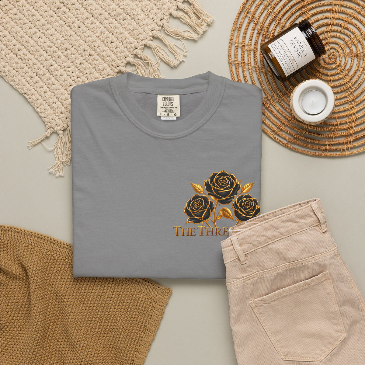 The Three Roses Graphic: Unisex T-Shirt  Gold & Black Floral Tee