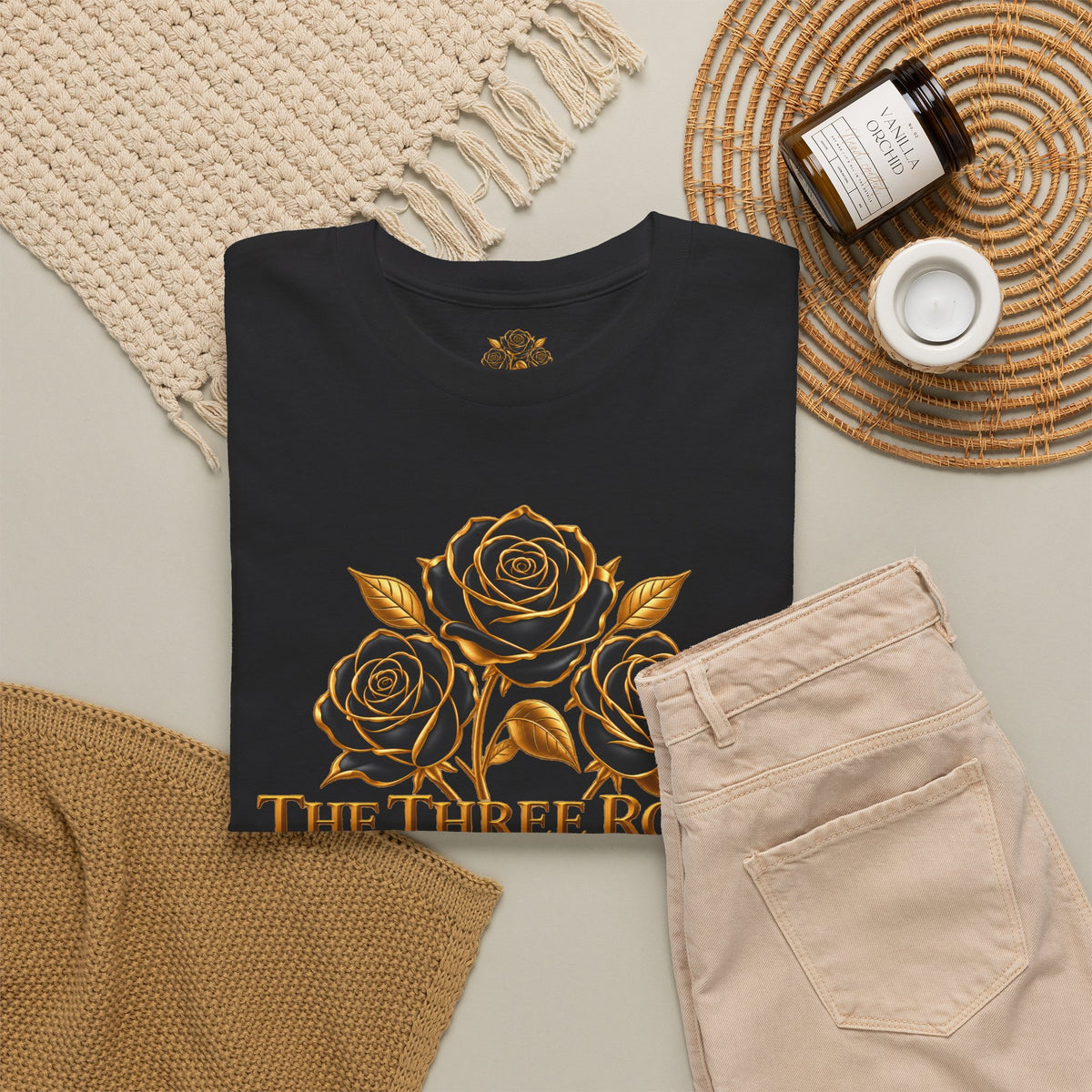 The Three Roses Tee — Mens Gold Floral Graphic T-Shirt