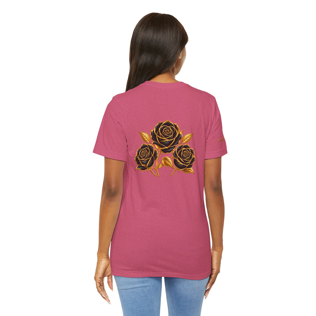 The Three Roses: Unisex Gold Black Rose T-Shirt Graphic Logo