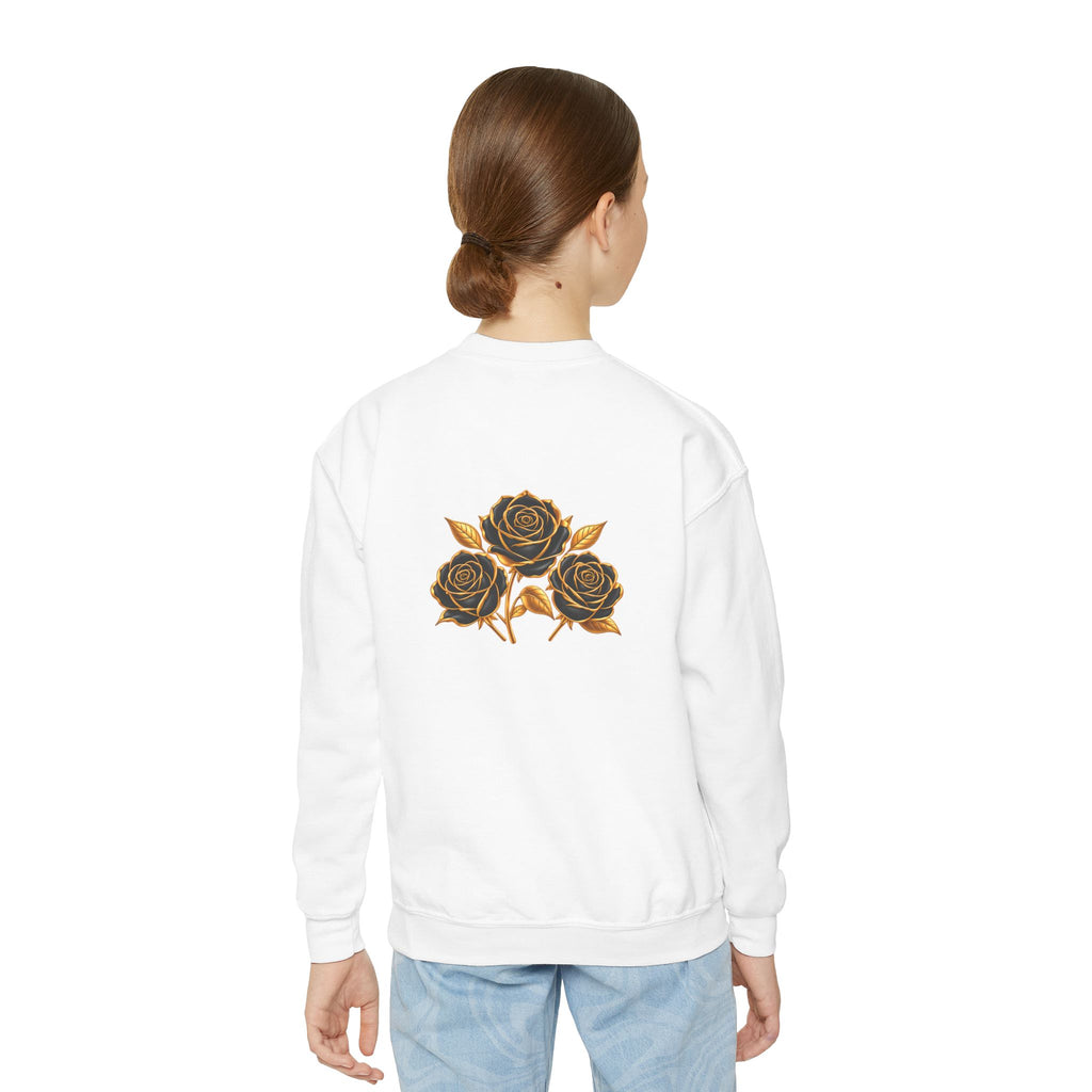 The Three Roses: Youth Crewneck Sweatshirt — Gold & Black Rose Graphic Logo