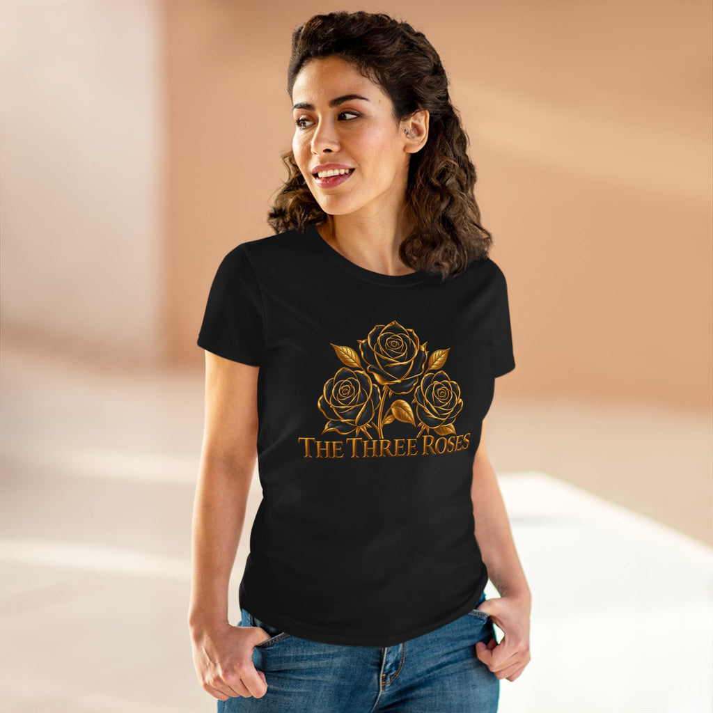The Three Roses Tee: Womens Black & Gold Rose Graphic T-Shirt