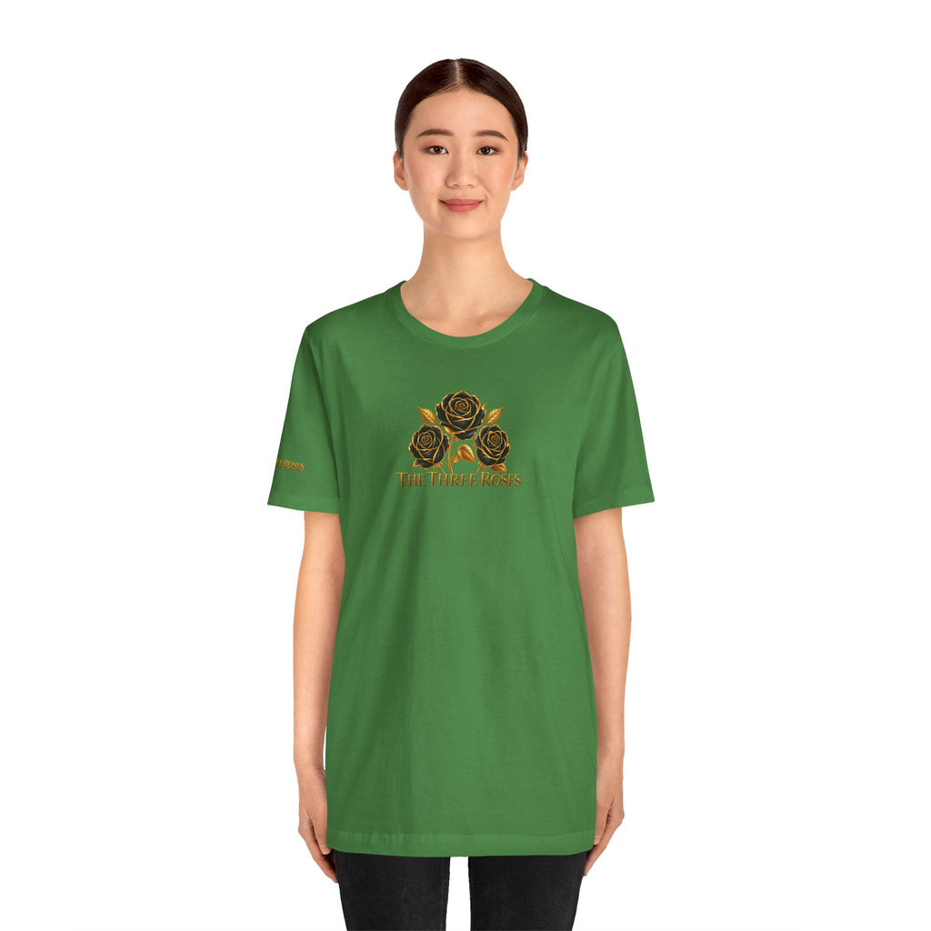 The Three Roses: Unisex Gold Black Rose T-Shirt Graphic Logo