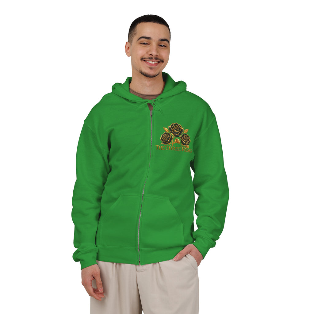 The Three Roses: Unisex Gold Floral Full-Zip Hoodie Graphic Logo