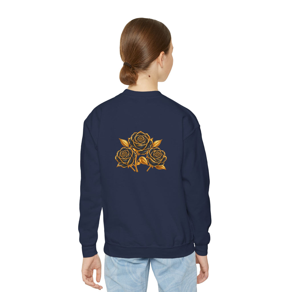 The Three Roses: Youth Crewneck Sweatshirt — Gold & Black Rose Graphic Logo