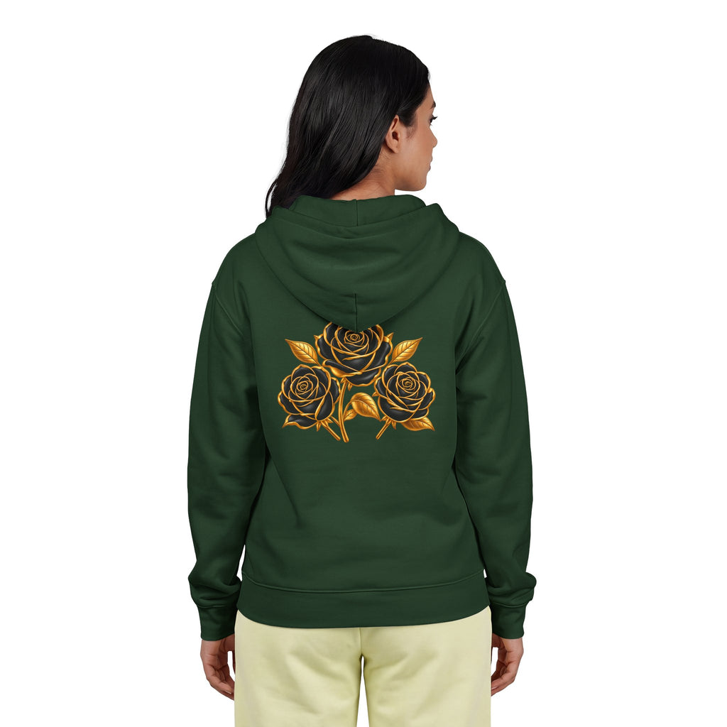 The Three Roses: Unisex Gold Floral Full-Zip Hoodie Graphic Logo