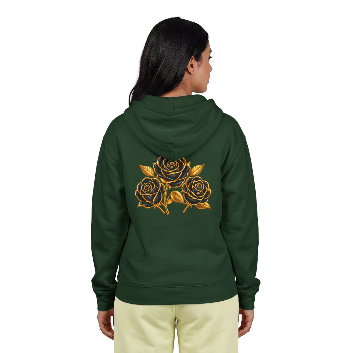 The Three Roses: Unisex Gold Floral Full-Zip Hoodie Graphic Logo