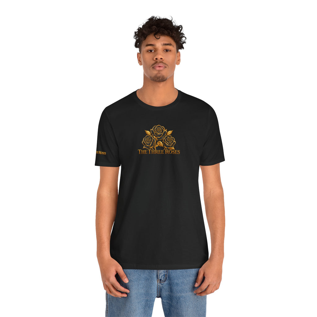 The Three Roses: Unisex Gold Black Rose T-Shirt Graphic Logo