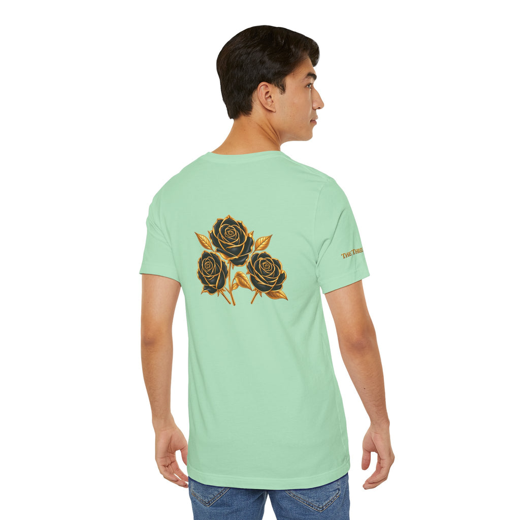 The Three Roses: Unisex Gold Black Rose T-Shirt Graphic Logo