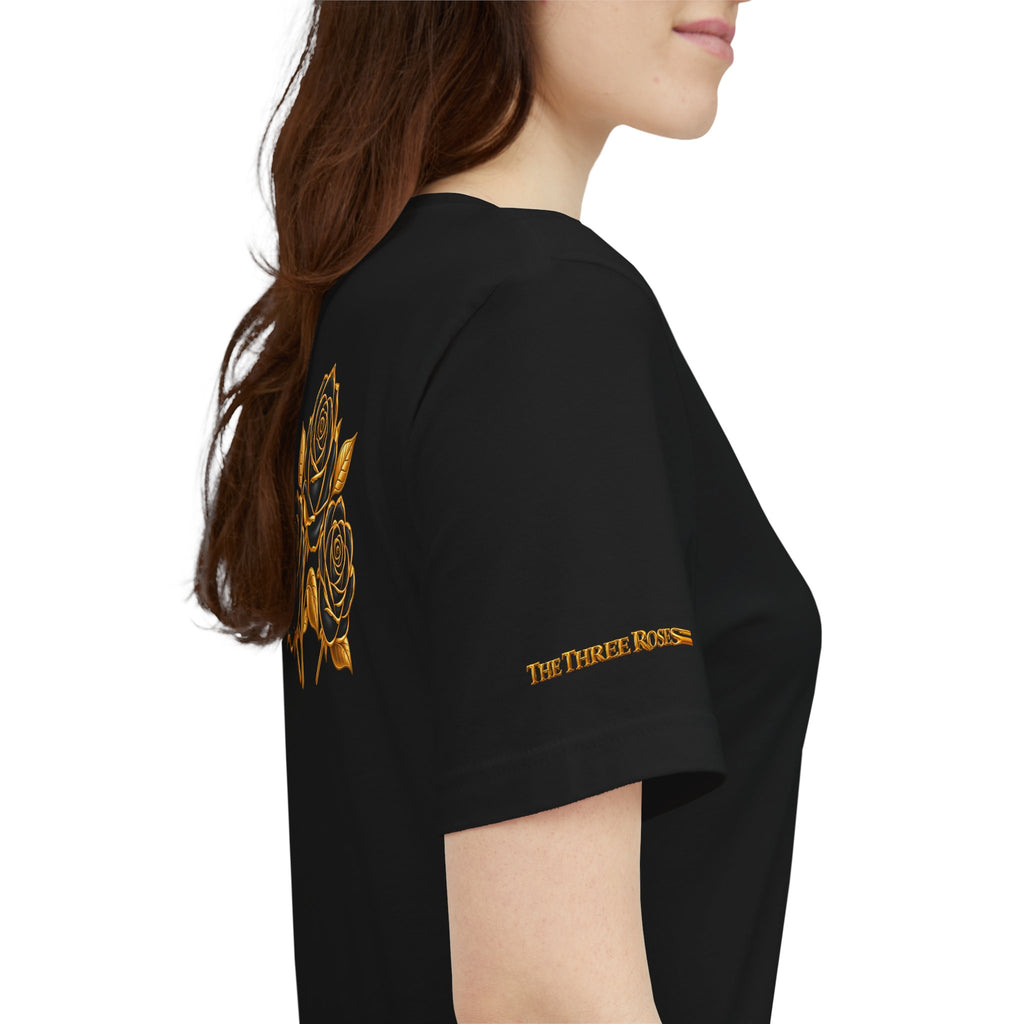 The Three Roses: Unisex Gold Black Rose T-Shirt Graphic Logo