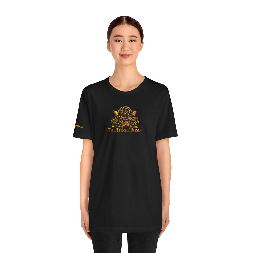 The Three Roses: Unisex Gold Black Rose T-Shirt Graphic Logo