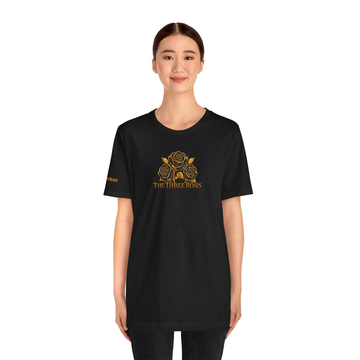 The Three Roses: Unisex Gold Black Rose T-Shirt Graphic Logo
