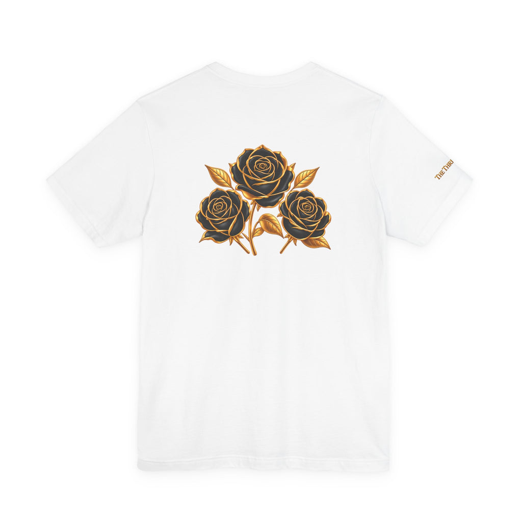 The Three Roses: Unisex Gold Black Rose T-Shirt Graphic Logo