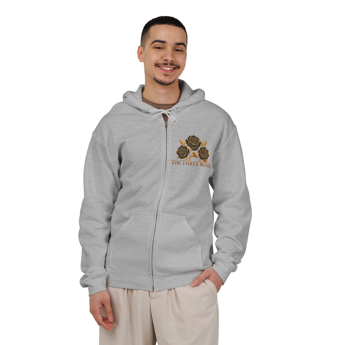 The Three Roses: Unisex Gold Floral Full-Zip Hoodie Graphic Logo