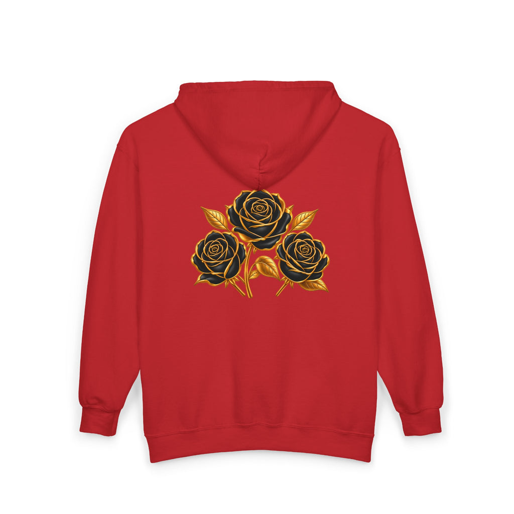 The Three Roses: Unisex Gold Floral Full-Zip Hoodie Graphic Logo