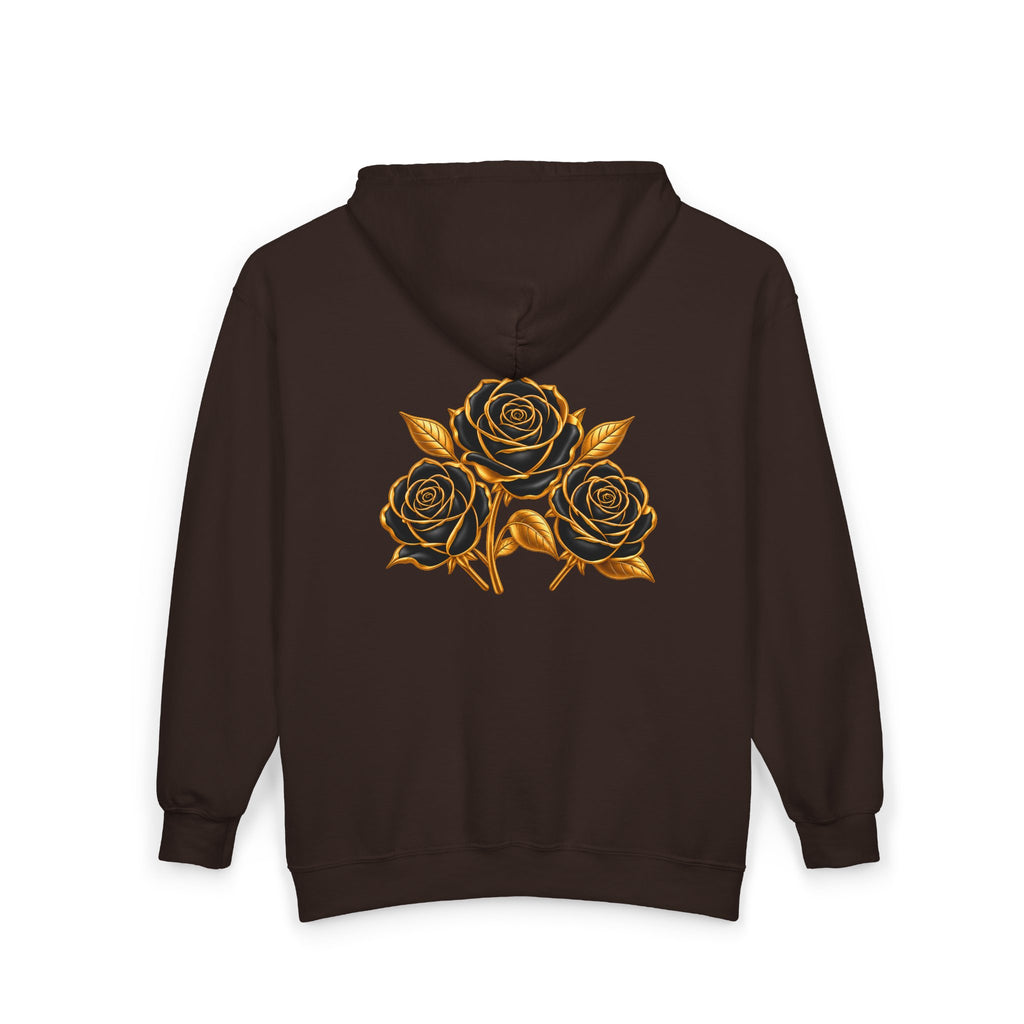 The Three Roses: Unisex Gold Floral Full-Zip Hoodie Graphic Logo