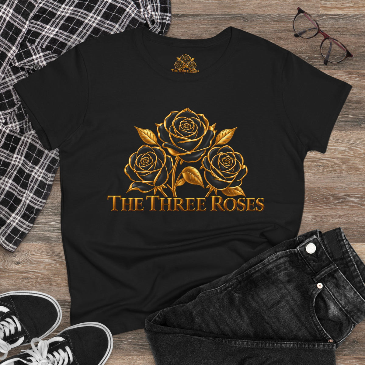 The Three Roses Tee: Womens Black & Gold Rose Graphic T-Shirt