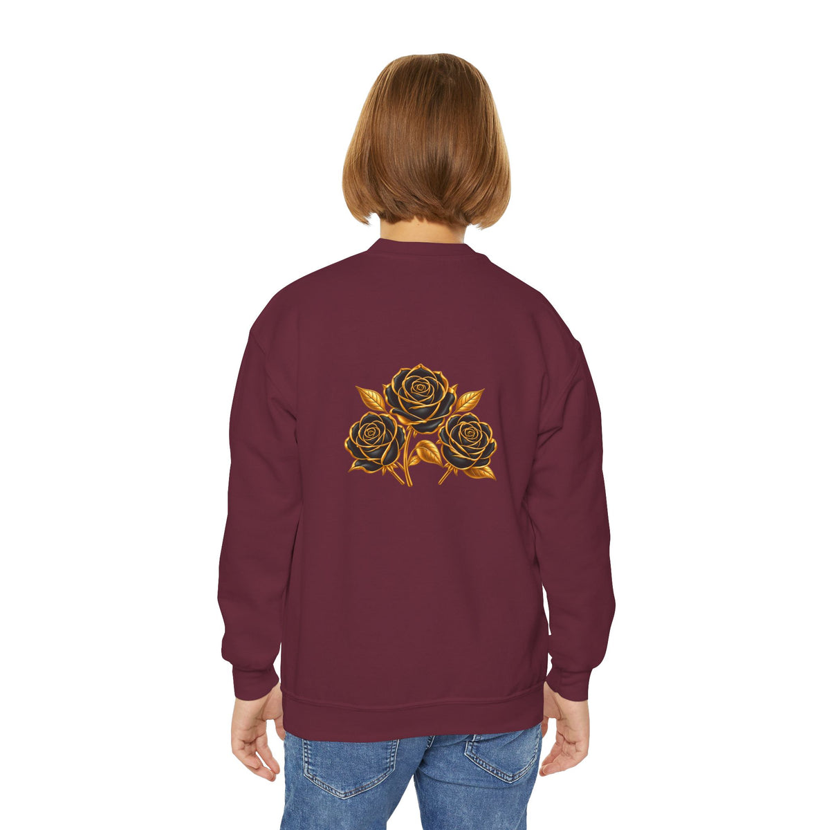 The Three Roses: Youth Crewneck Sweatshirt — Gold & Black Rose Graphic Logo