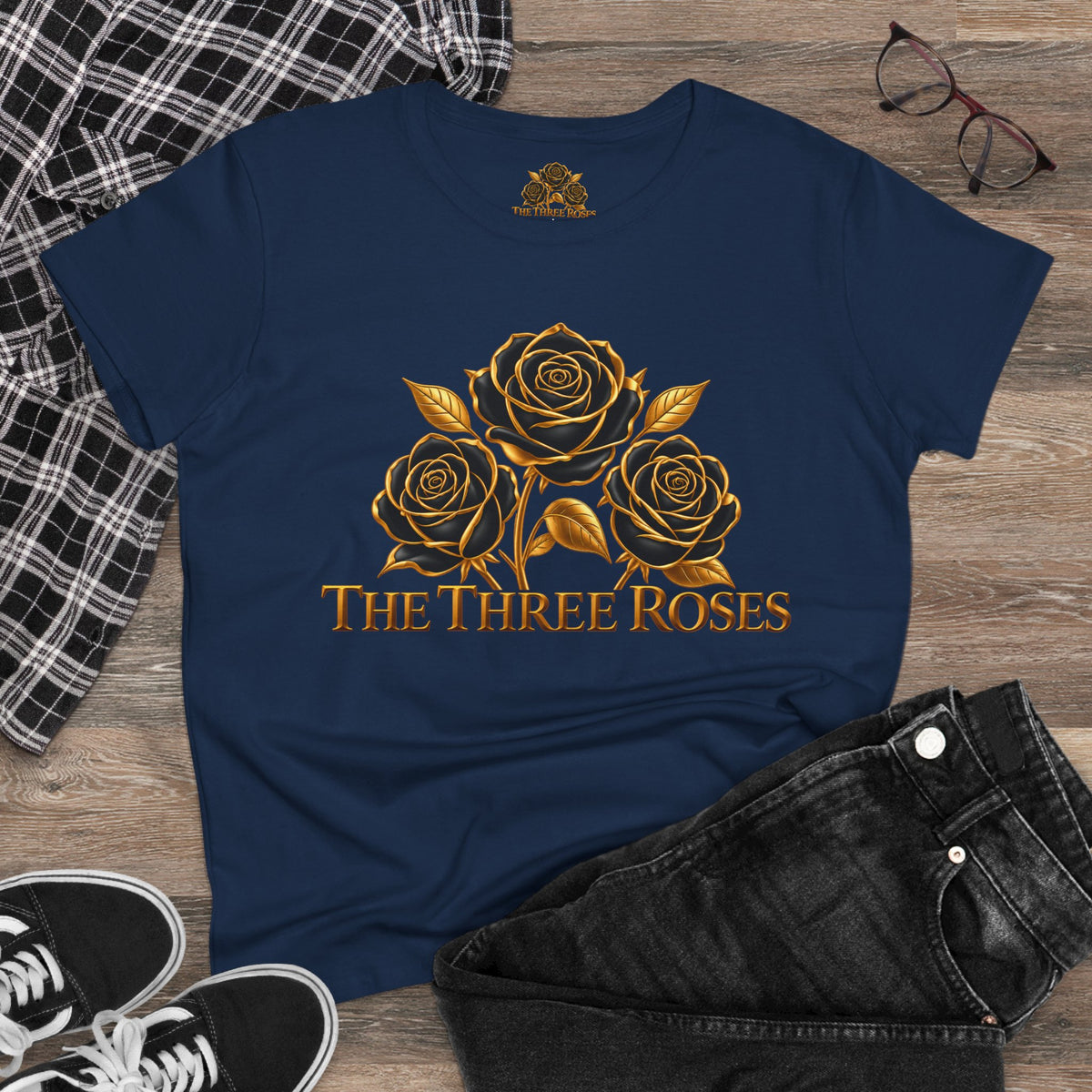 The Three Roses Tee: Womens Black & Gold Rose Graphic T-Shirt