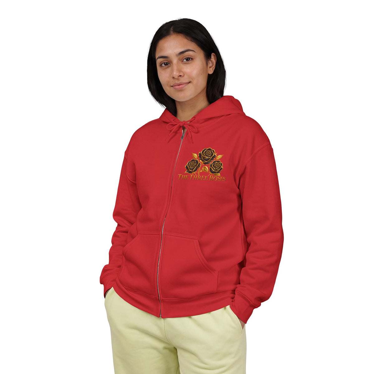 The Three Roses: Unisex Gold Floral Full-Zip Hoodie Graphic Logo