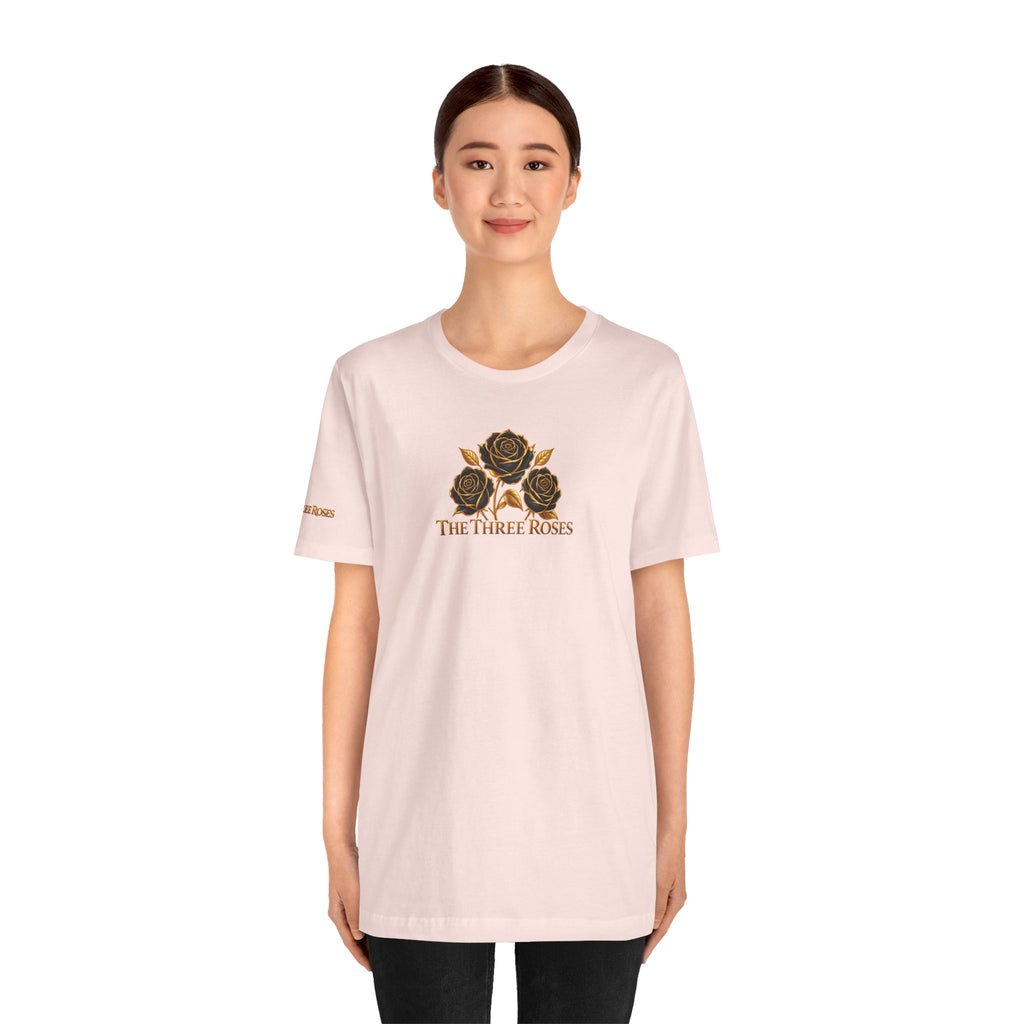 The Three Roses: Unisex Gold Black Rose T-Shirt Graphic Logo