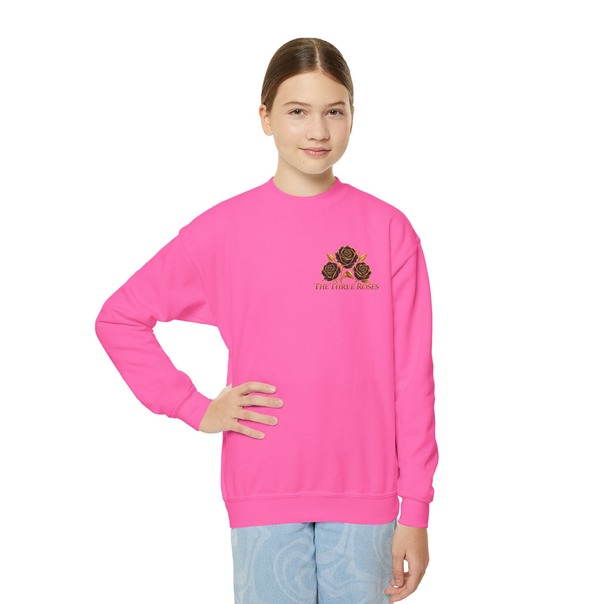 The Three Roses: Youth Crewneck Sweatshirt — Gold & Black Rose Graphic Logo