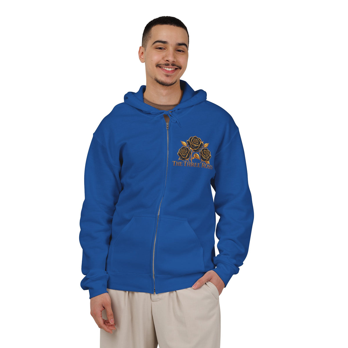 The Three Roses: Unisex Gold Floral Full-Zip Hoodie Graphic Logo