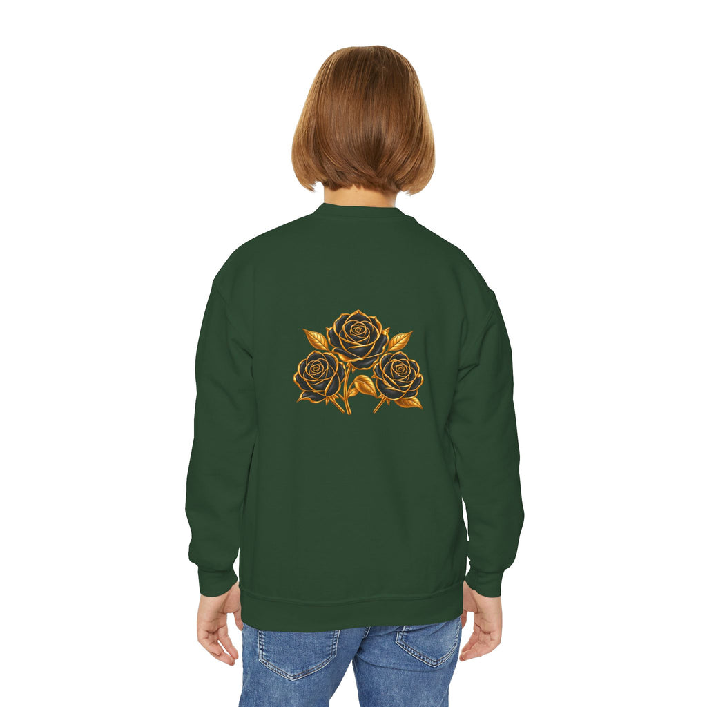 The Three Roses: Youth Crewneck Sweatshirt — Gold & Black Rose Graphic Logo