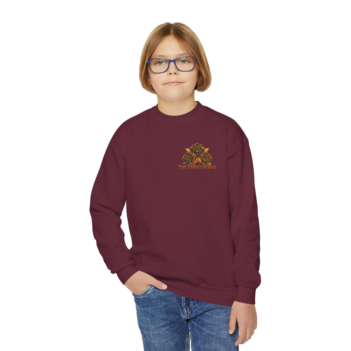 The Three Roses: Youth Crewneck Sweatshirt — Gold & Black Rose Graphic Logo