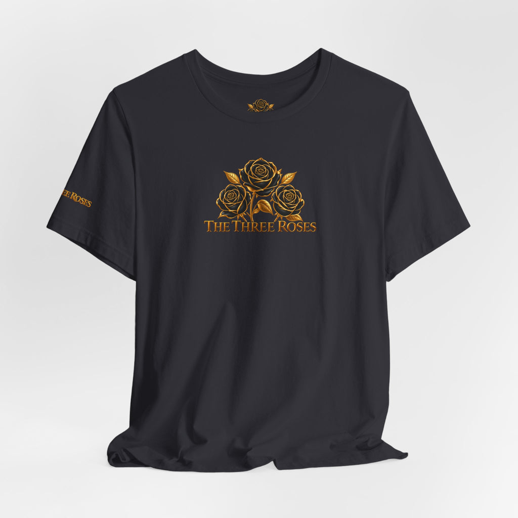 The Three Roses: Unisex Gold Black Rose T-Shirt Graphic Logo