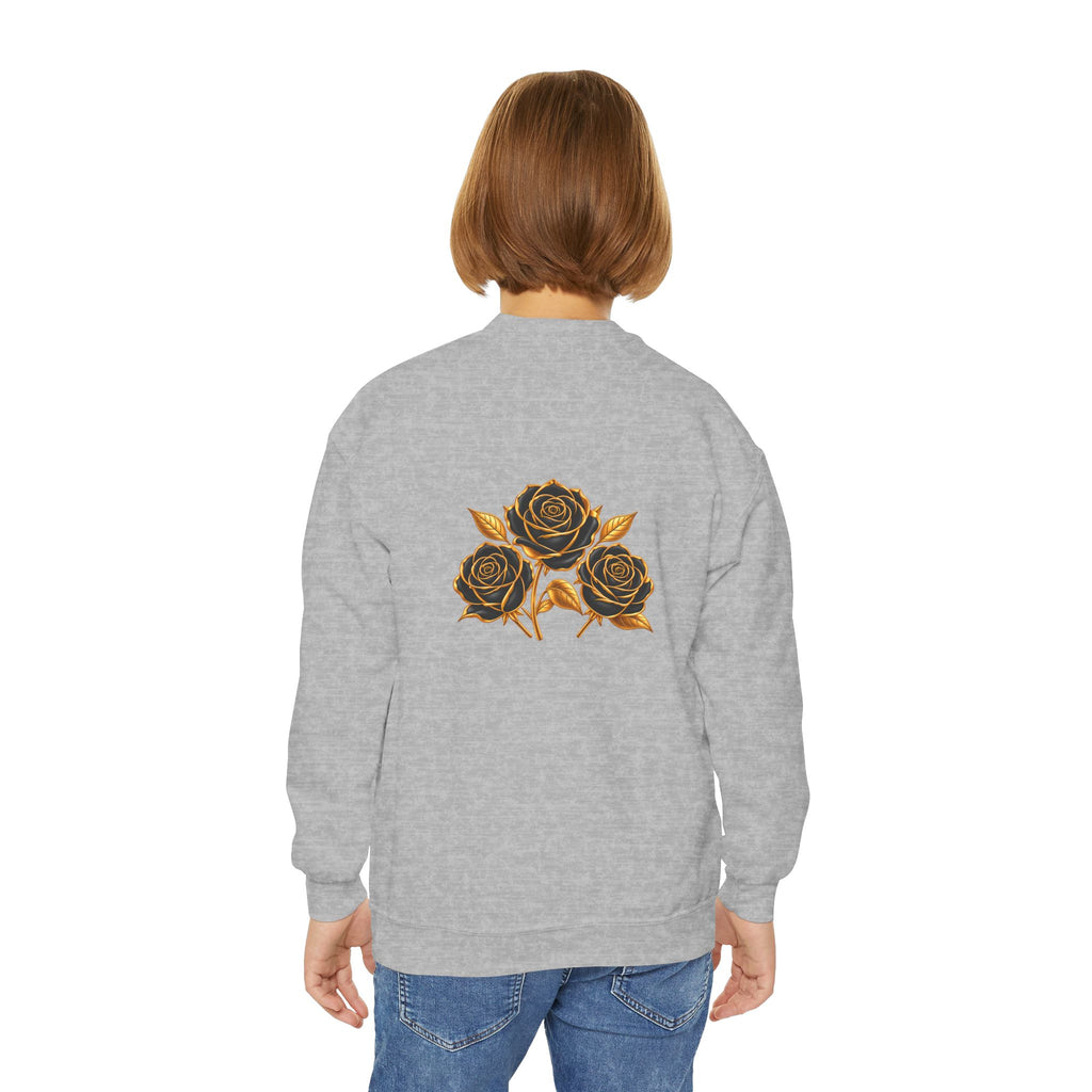The Three Roses: Youth Crewneck Sweatshirt — Gold & Black Rose Graphic Logo