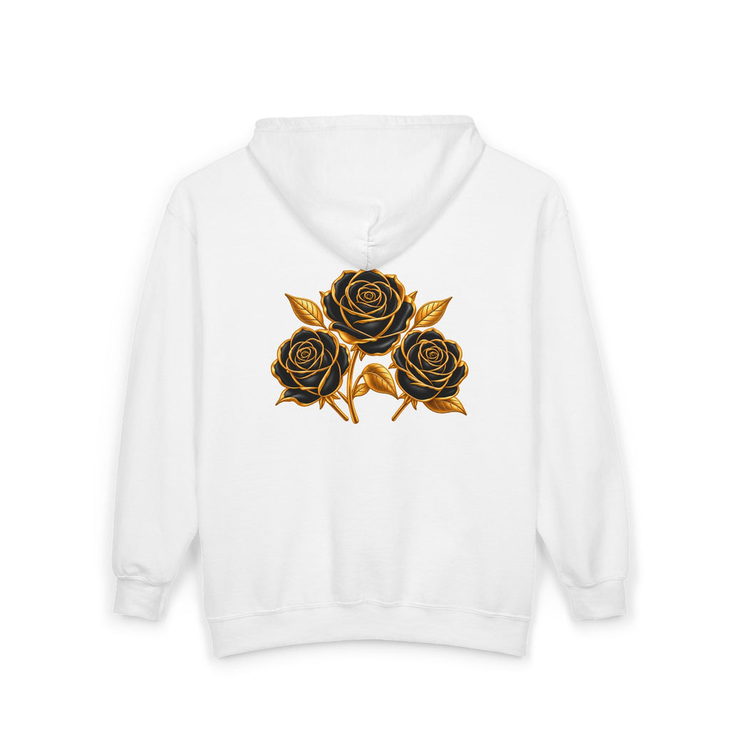 The Three Roses: Unisex Gold Floral Full-Zip Hoodie Graphic Logo