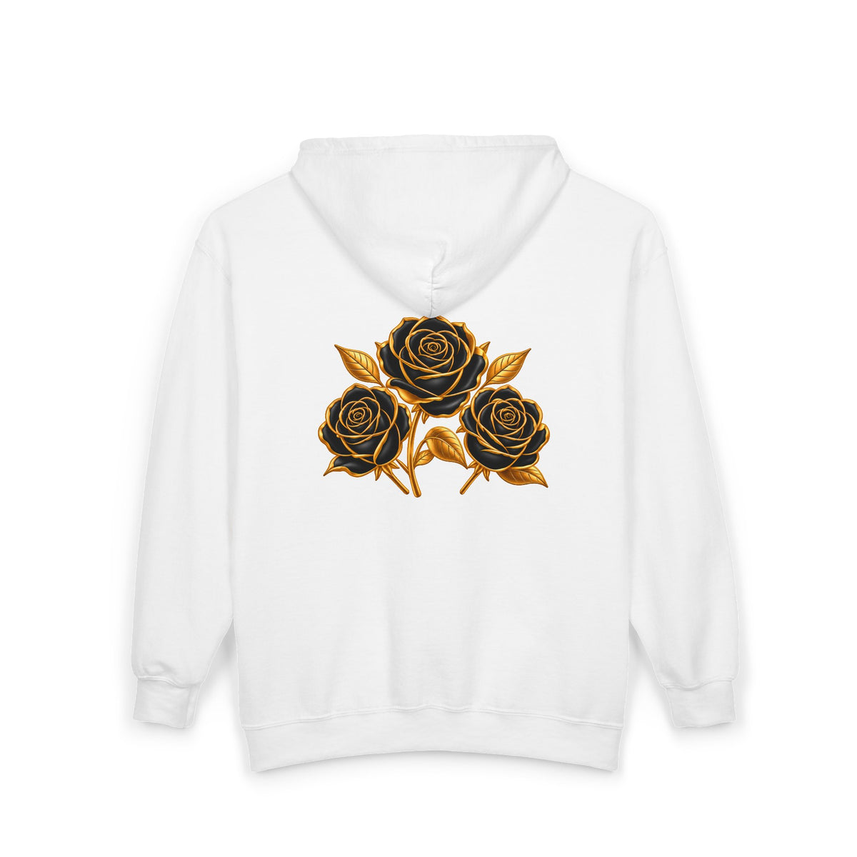 The Three Roses: Unisex Gold Floral Full-Zip Hoodie Graphic Logo