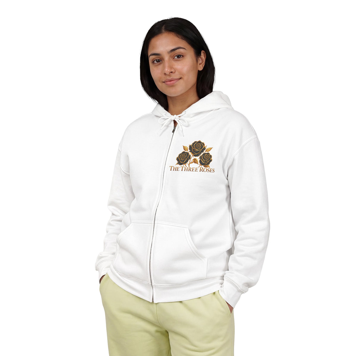 The Three Roses: Unisex Gold Floral Full-Zip Hoodie Graphic Logo