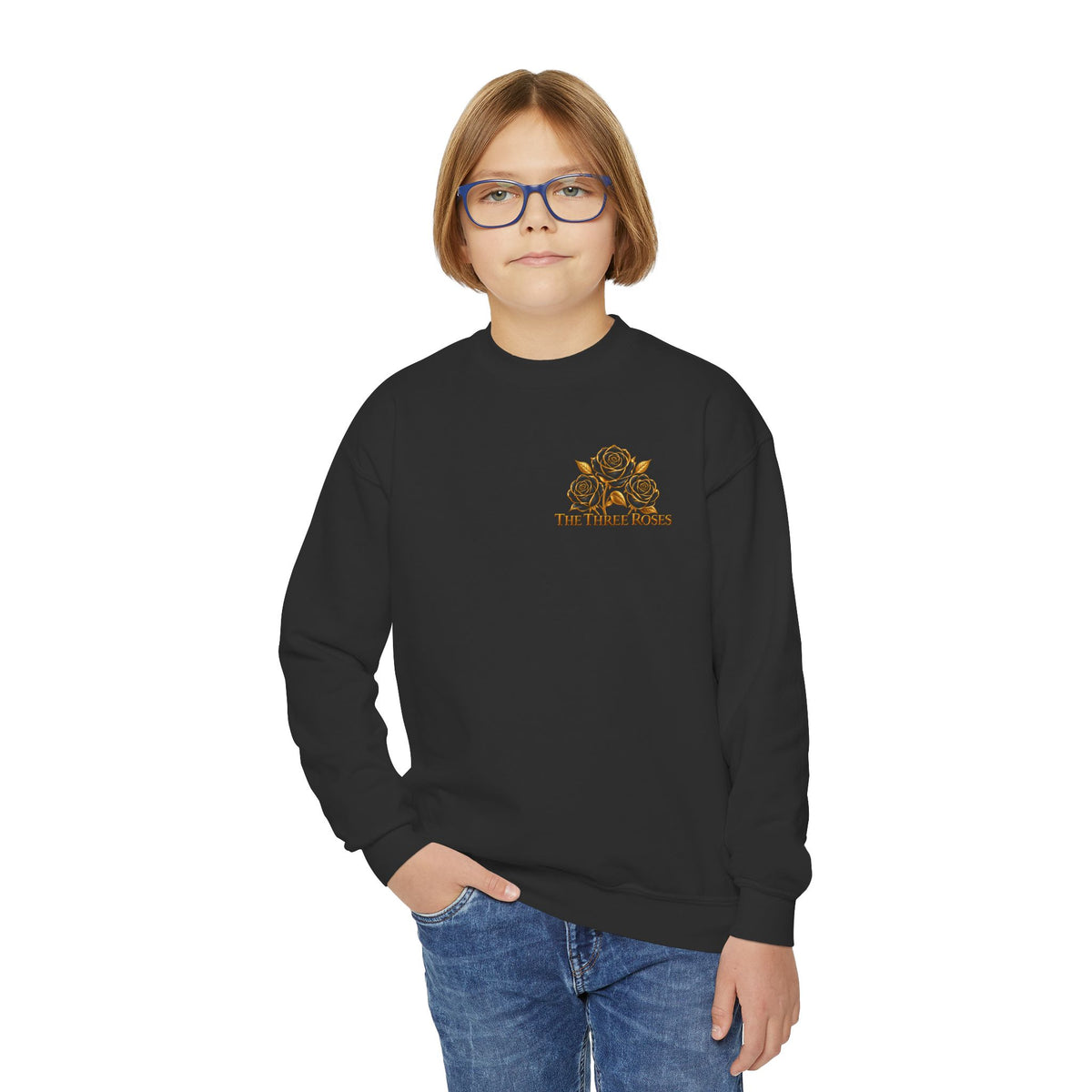 The Three Roses: Youth Crewneck Sweatshirt — Gold & Black Rose Graphic Logo