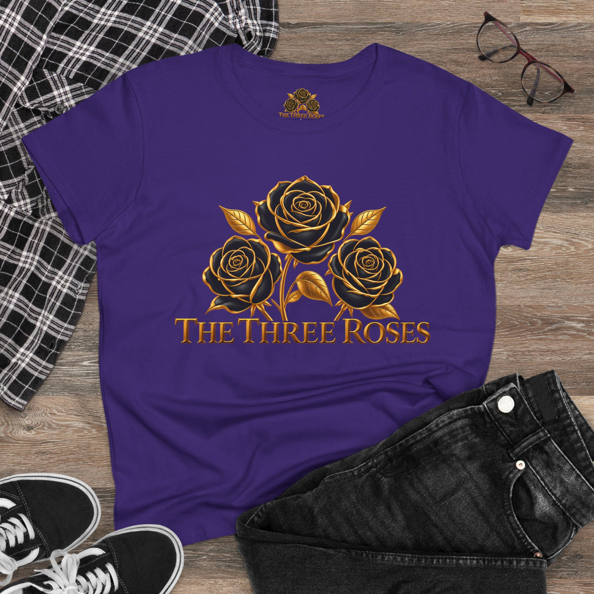 The Three Roses Tee: Womens Black & Gold Rose Graphic T-Shirt
