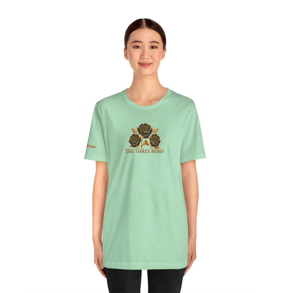 The Three Roses: Unisex Gold Black Rose T-Shirt Graphic Logo