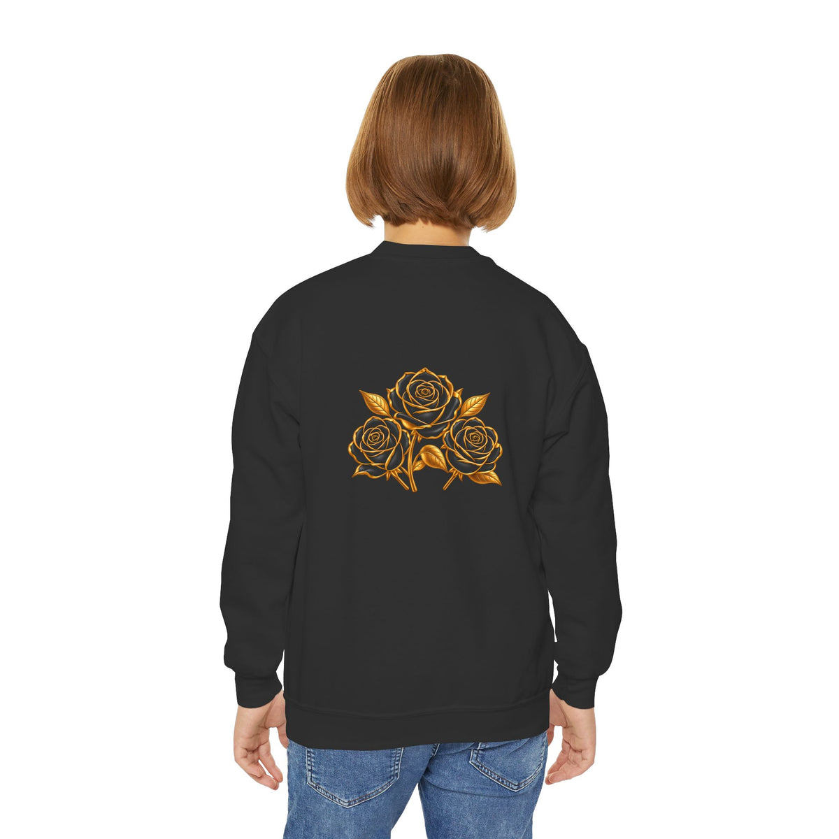 The Three Roses: Youth Crewneck Sweatshirt — Gold & Black Rose Graphic Logo