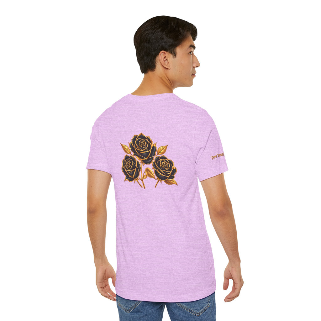 The Three Roses: Unisex Gold Black Rose T-Shirt Graphic Logo