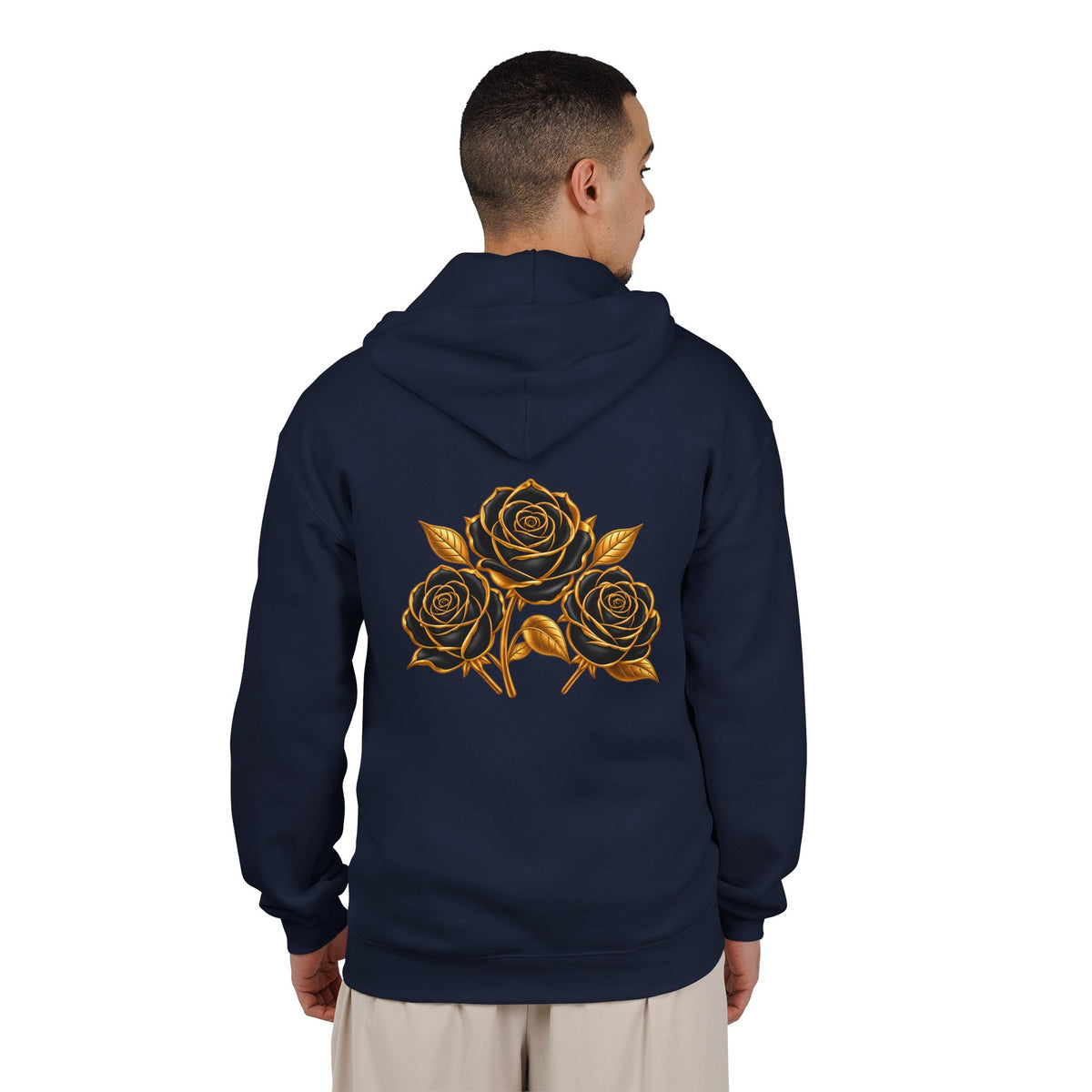 The Three Roses: Unisex Gold Floral Full-Zip Hoodie Graphic Logo
