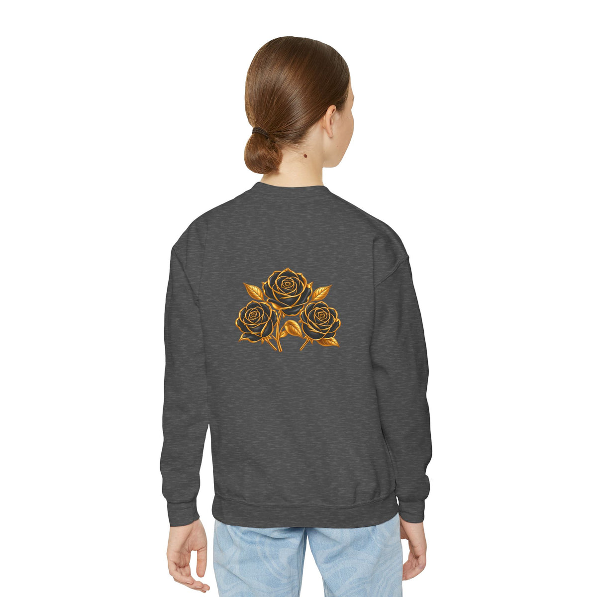 The Three Roses: Youth Crewneck Sweatshirt — Gold & Black Rose Graphic Logo