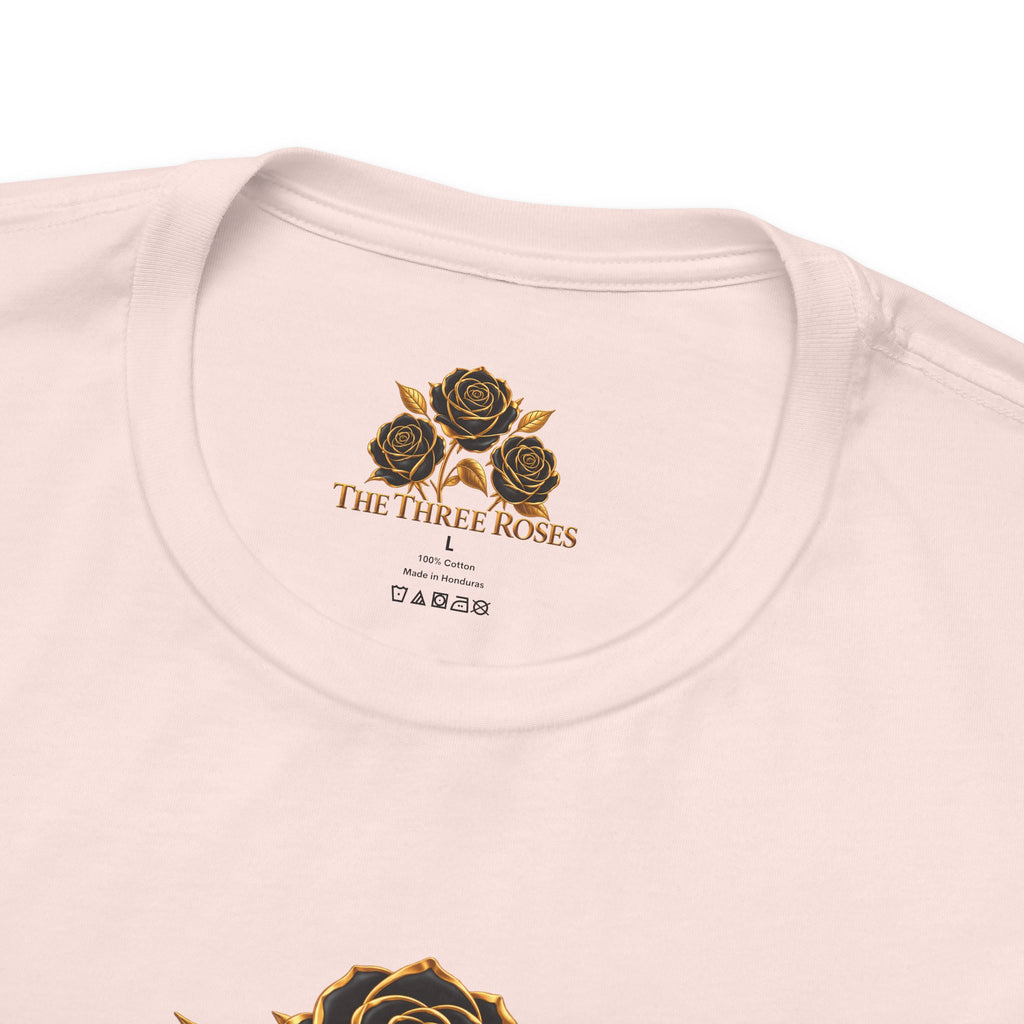 The Three Roses: Unisex Gold Black Rose T-Shirt Graphic Logo