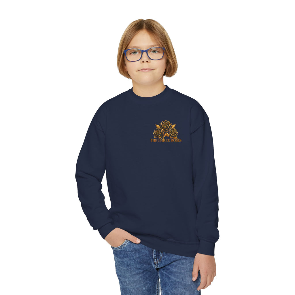 The Three Roses: Youth Crewneck Sweatshirt — Gold & Black Rose Graphic Logo
