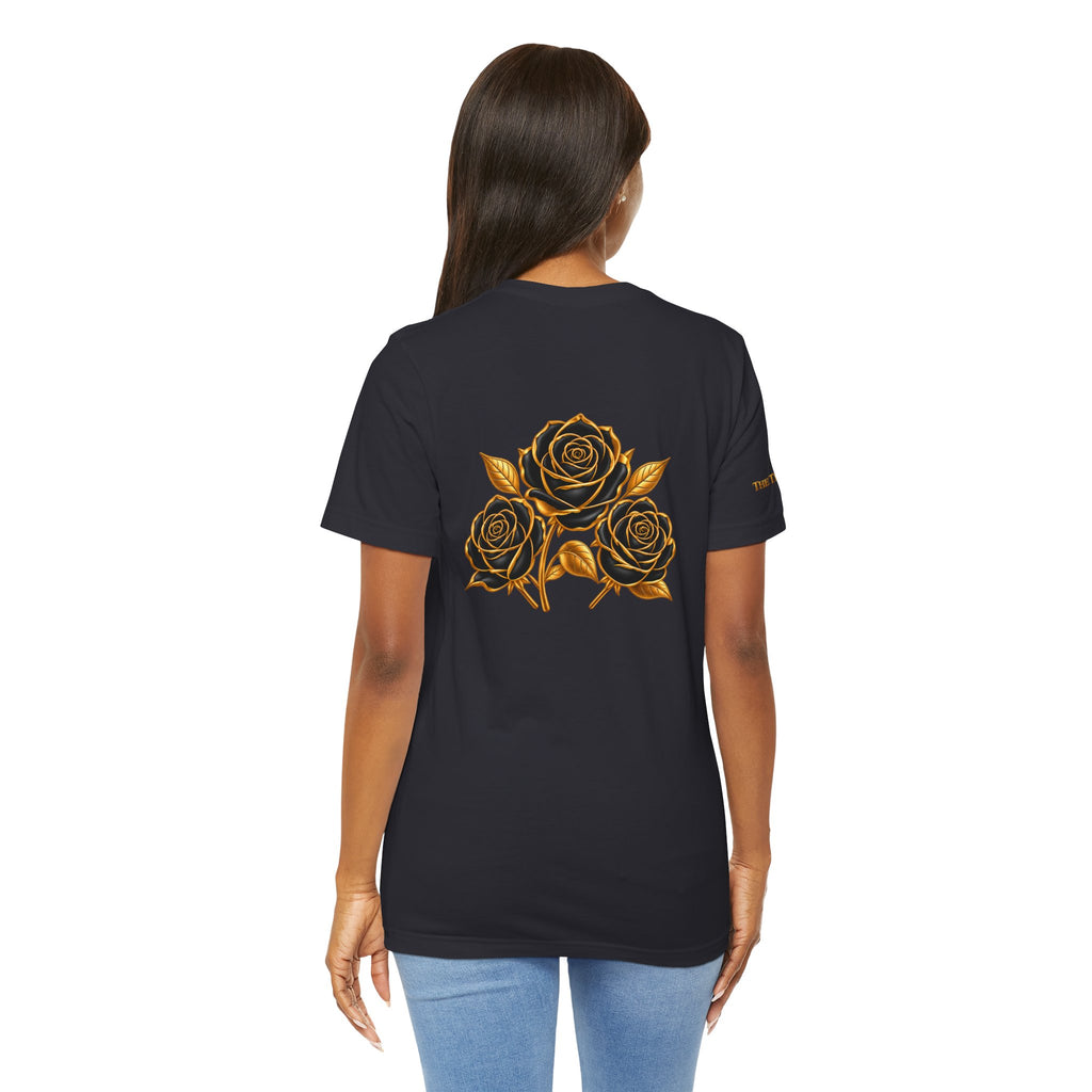 The Three Roses: Unisex Gold Black Rose T-Shirt Graphic Logo