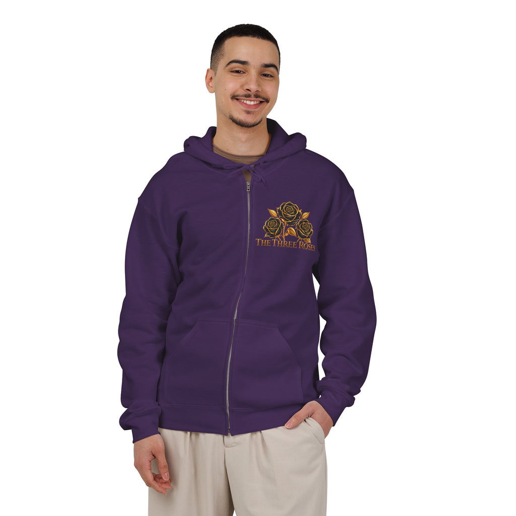 The Three Roses: Unisex Gold Floral Full-Zip Hoodie Graphic Logo