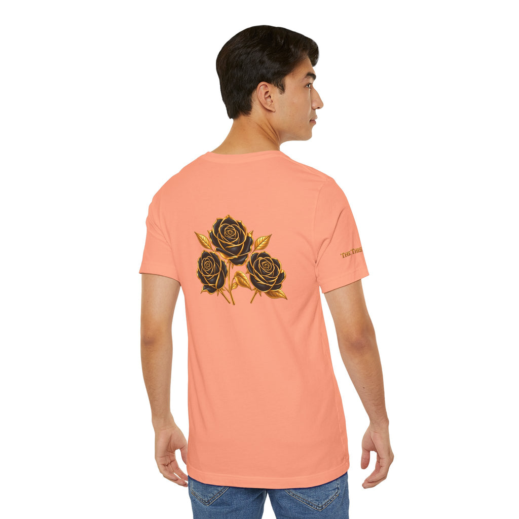 The Three Roses: Unisex Gold Black Rose T-Shirt Graphic Logo
