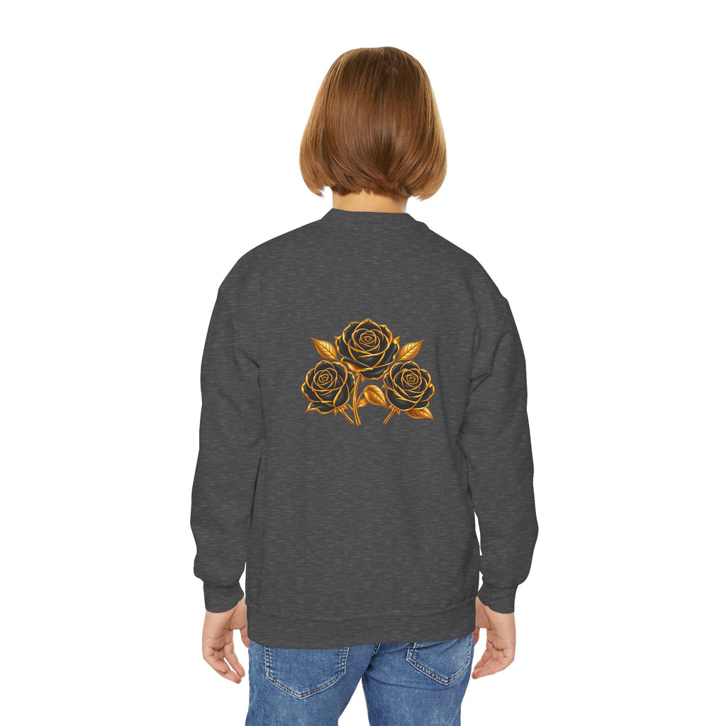 The Three Roses: Youth Crewneck Sweatshirt — Gold & Black Rose Graphic Logo