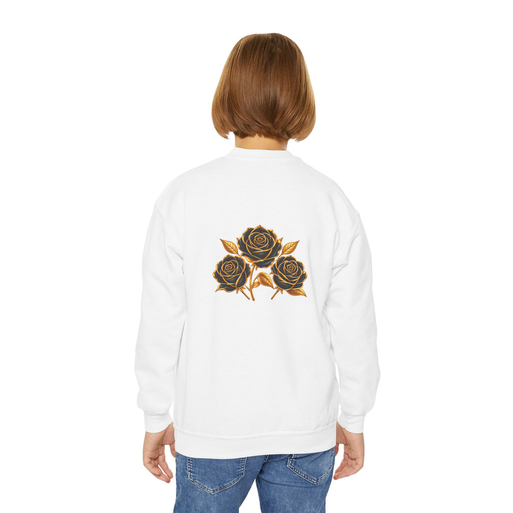 The Three Roses: Youth Crewneck Sweatshirt — Gold & Black Rose Graphic Logo