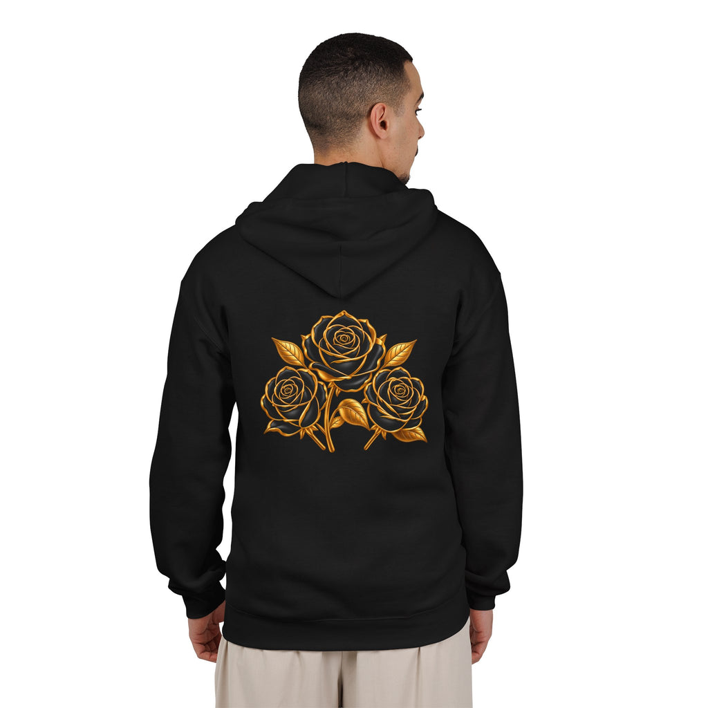The Three Roses: Unisex Gold Floral Full-Zip Hoodie Graphic Logo