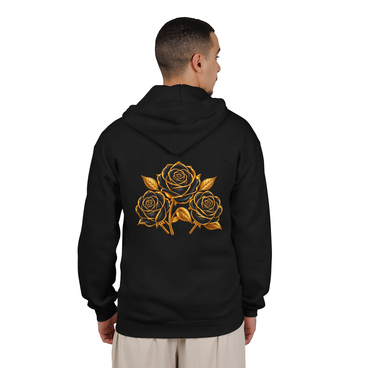 The Three Roses: Unisex Gold Floral Full-Zip Hoodie Graphic Logo