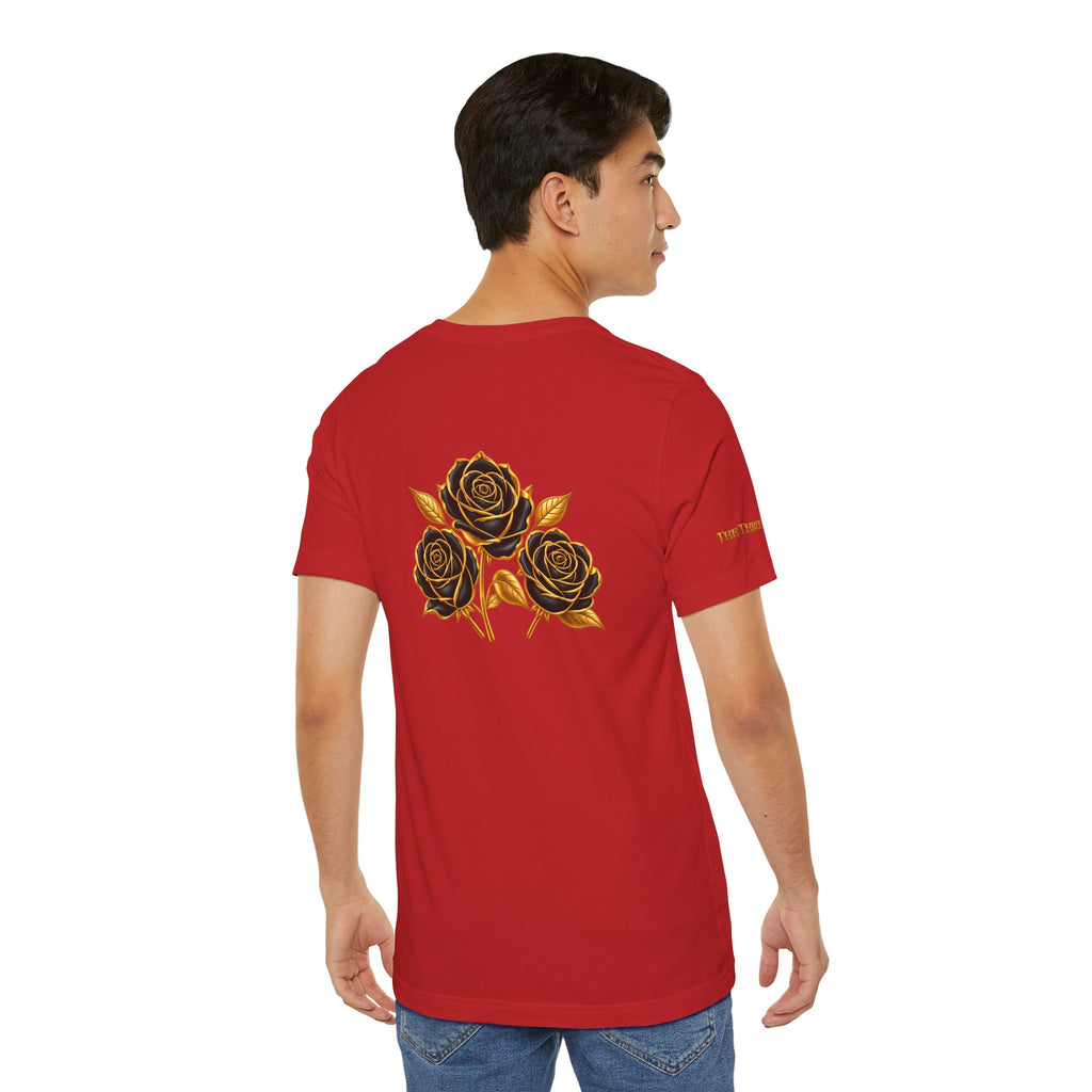 The Three Roses: Unisex Gold Black Rose T-Shirt Graphic Logo